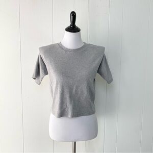 Frankie Shop Cotton Padded Shoulder Crew Neck Short Sleeve Top Gray Ribbed Sz XS